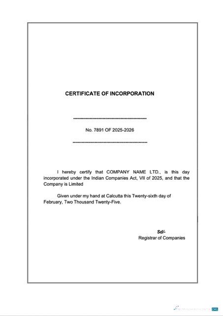 India certificate of incorporation Word and PDF template, version 4